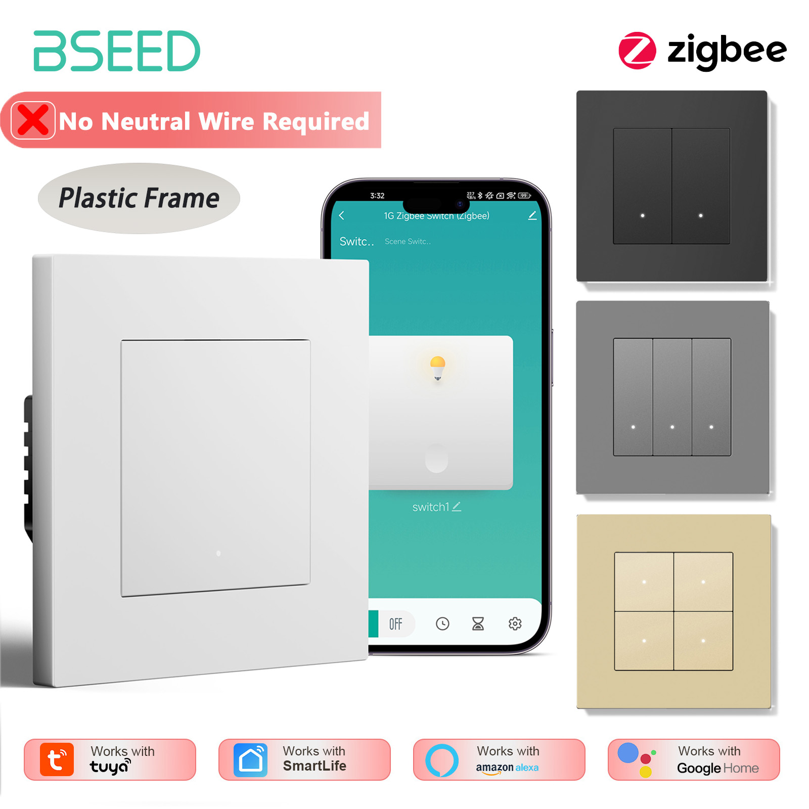 Tuya 4 Channel - BSEED 1/2/3/4Gang Zigbee Light Switch Smart